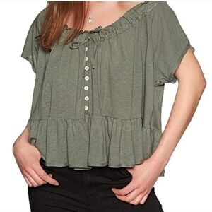 Free People Olive Green Ruffle Hem Button Front Top -NWT